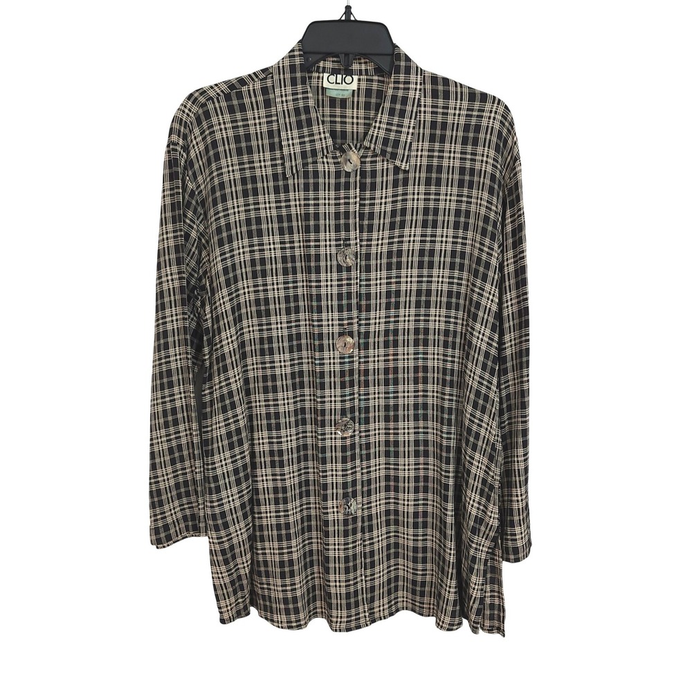 Vintage Clio Plaid Button Front Tunic Shirt Womens Medium Black‎ Cream USA Made